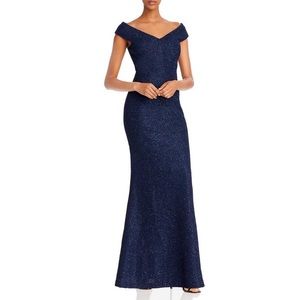 Eliza J off the shoulder navy blue V neck sparkle, trumpet gown size 6